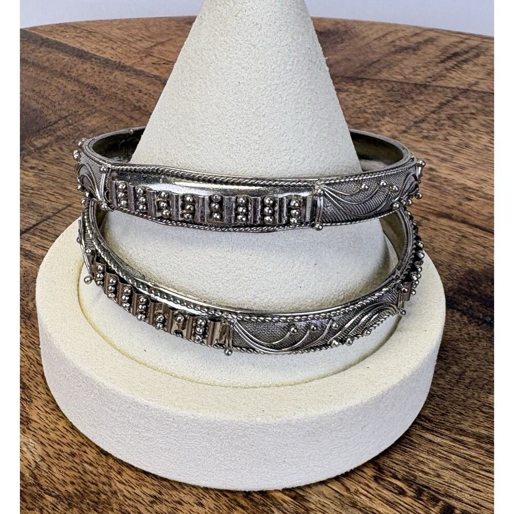 Pair Vintage Bangle Bracelet Boho Bali Style Retro Tibetan Silver Tone 8 Inch